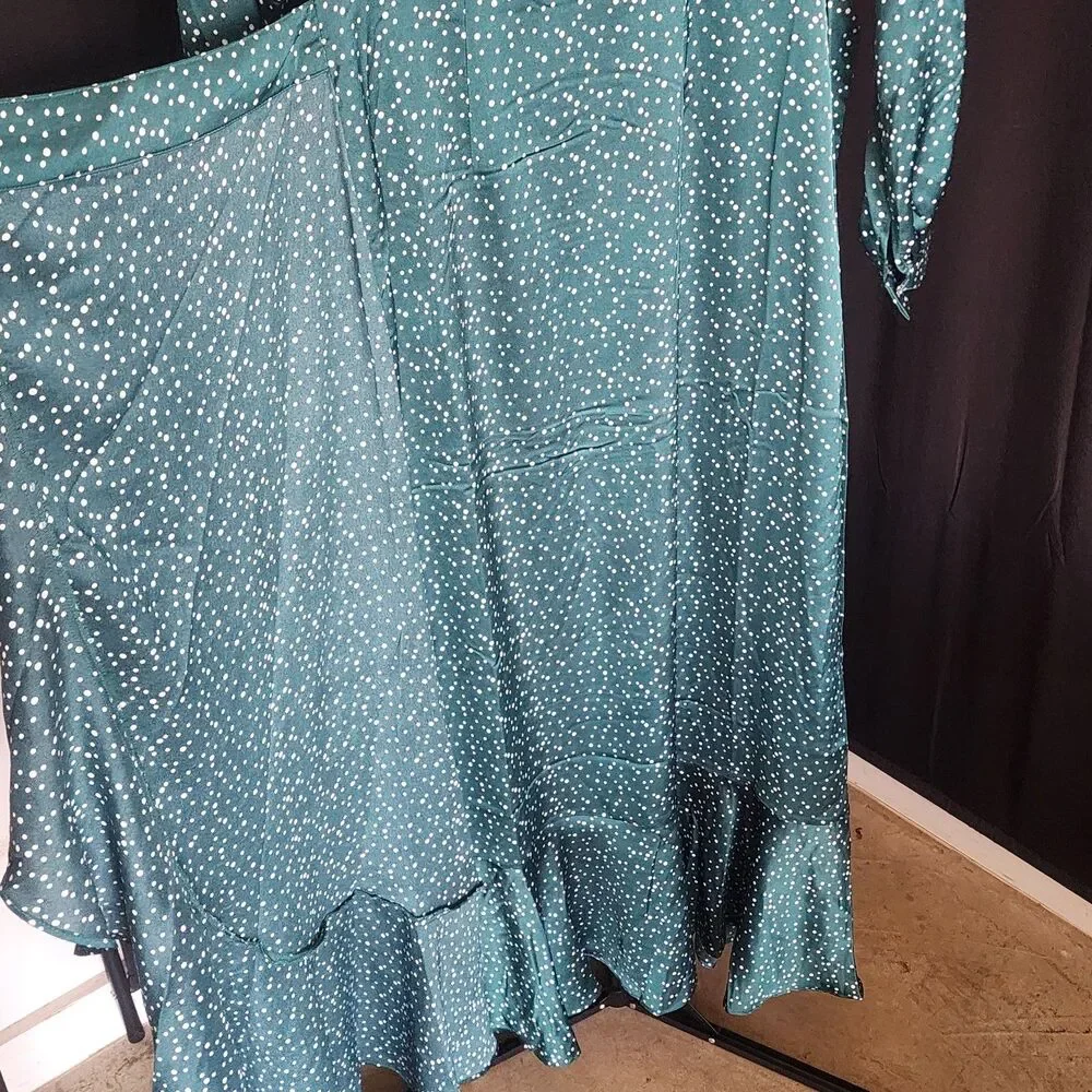 Veiled Collection Emerald Polka Dot Satin Wrap Maxi Dress Ruffle Modest Size XS